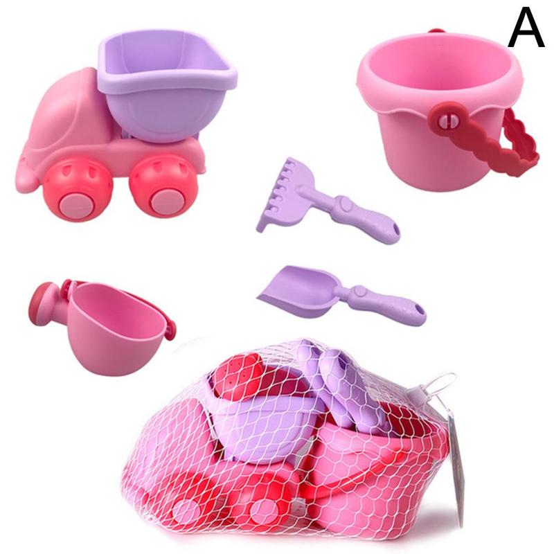 1 Set Sand Beach Toy Bucket Spade Shovel Rake Sand Car Kids Beach Sand Tool Kit Outdoor Boys Girls Toys: pink