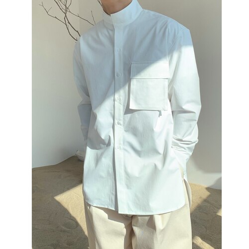 Mandlig vintage skjorte med krave til mænd japan korea streetwear afslappet løse langærmede skjorter: M