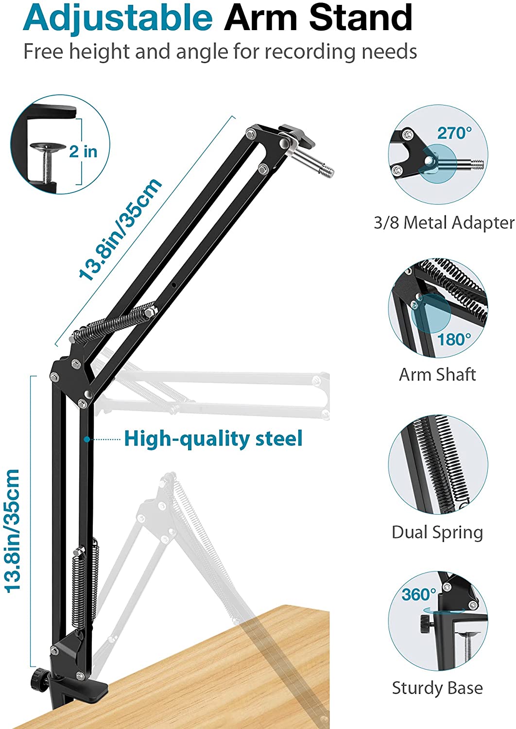 Support de Microphone pour Blue Yeti, bras de ciseaux à flèche de Suspension réglable avec adaptateur de vis de 3/8 à 5/8 pouces, support antichoc