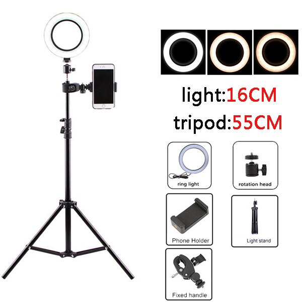 Selfie ring lys med stativ stativ lys kant til mobil cirkulær lampe lys til videooptagelse studie foto lys ringh rong: Himmelblå