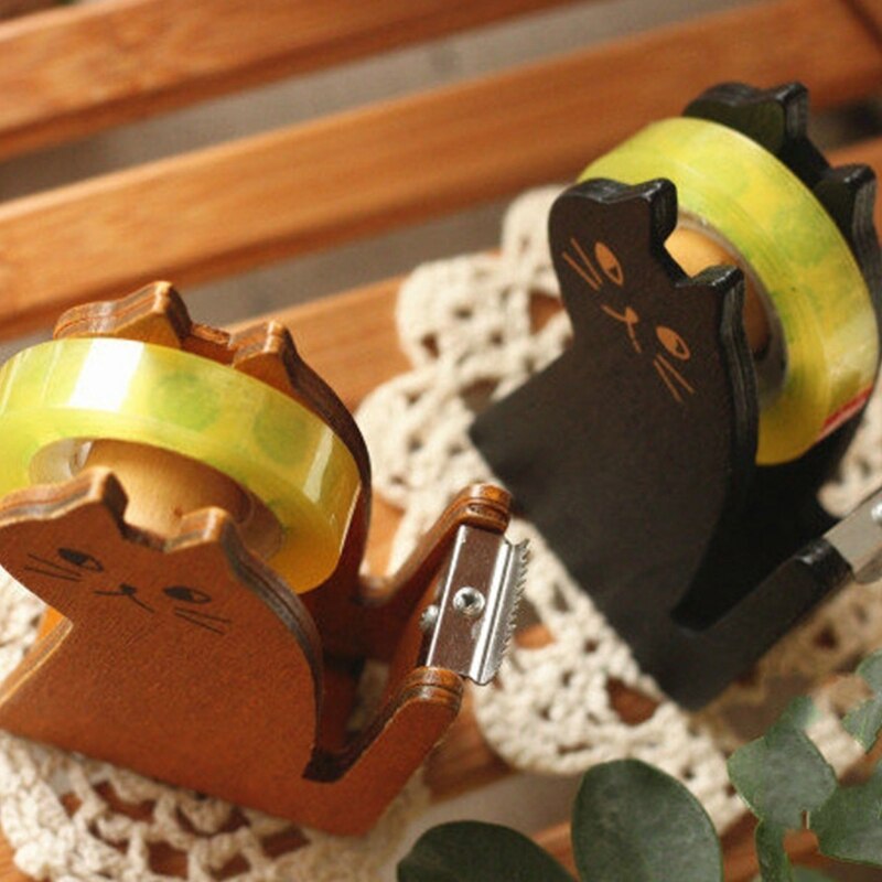 Lovely Office Tape Dispenser Vintage Wooden Cartoon Animal Shape Desktop Tape Cutter, 4 Shapes Cat/Pigeon/Squirrel/Whale HCCY