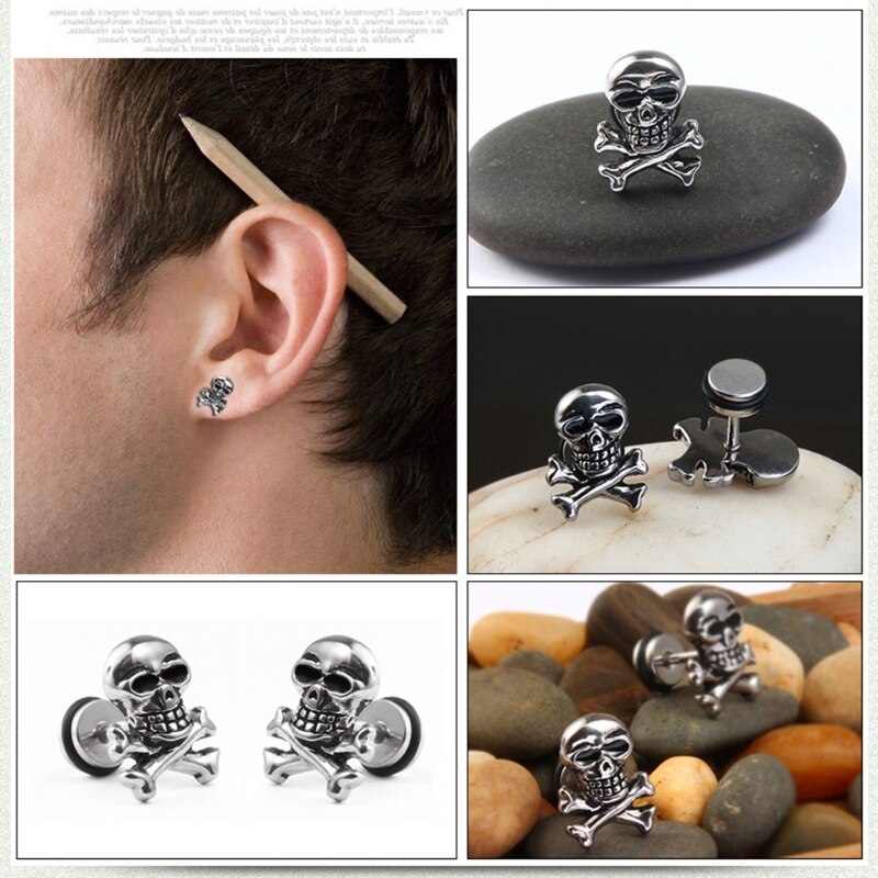 Javrick Punk Retro Schedel Hoofd Oor Piercing Studs Oorbellen Titanium Staal Oor Ghost Studs Persoonlijkheid Sieraden