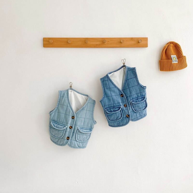 Winter Meisjes Jongens Vest Blauw Denim Mouwloze Single Breasted Button Pocket Wol Fleece Vesten Kids Dikke Jas E5007