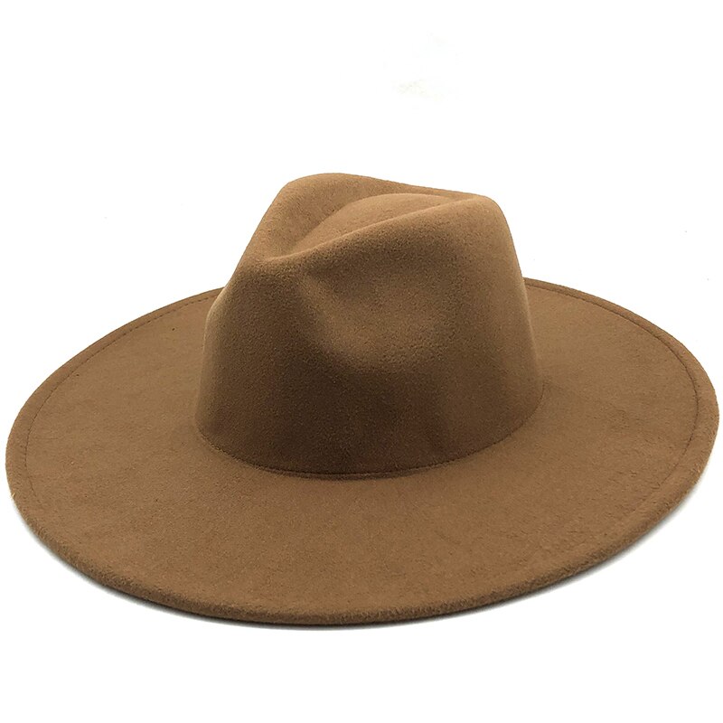 Eenvoudige 9.5Cm Brede Rand Grote Witte Fedora Britse Stijl Winter Wol Effen Klassieke Fedora Cap Mannen Vrouwen Panama Jazz hoed: Khaki