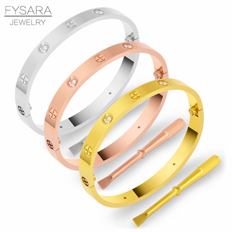 FYSARALuxury Titanium Steel Classic Crystals Cross Bangles Women Men Screwdriver Wristband Bangle Couple Gold Love Screw Bangles