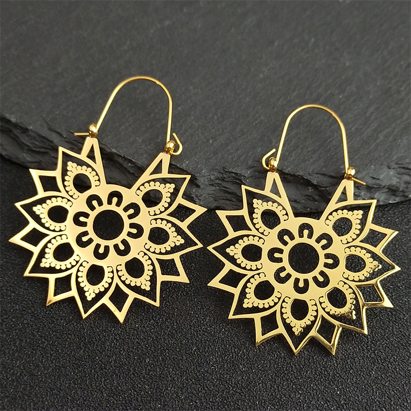 Pendientes de flor de loto de Yoga a la , pendientes de aro de acero inoxidable de Color dorado para mujer, joyería boucles d'oreilles E9360S01