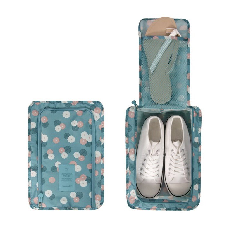 Travel Portable Waterproof Shoes Bag Organizer Storage Pouch Pocket Packing Cubes Handle Nylon Zipper Bag,Travel accessories: Blue flower