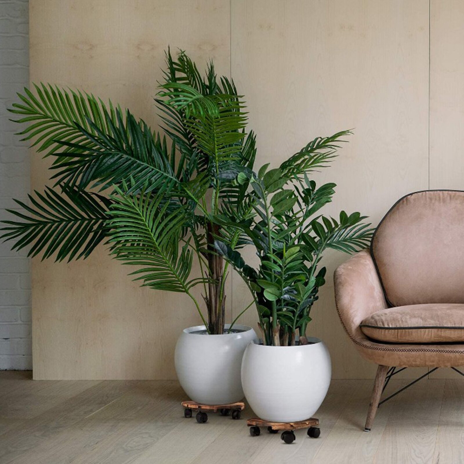 Round Wheeled Wooden Planter Caddy Movable Plant Flower Pot Stand with Wheels for Home Office Hotel Restaurant