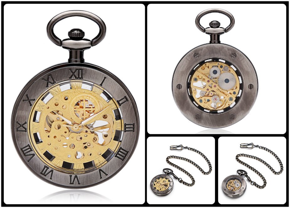 SHUHANG Mens Skeleton Zakhorloge Mechanische Beweging Hand Wind Romeinse Cijfers Vintage Stijl Reloj De Bolsillo: TH013