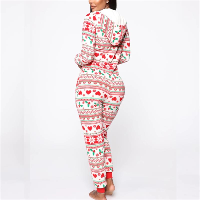 Women Christmas Pajamas Suit Printed Sleepwear Xmas Hooded Nightwear Pyjamas One Piece Female Winter Warm Homewear