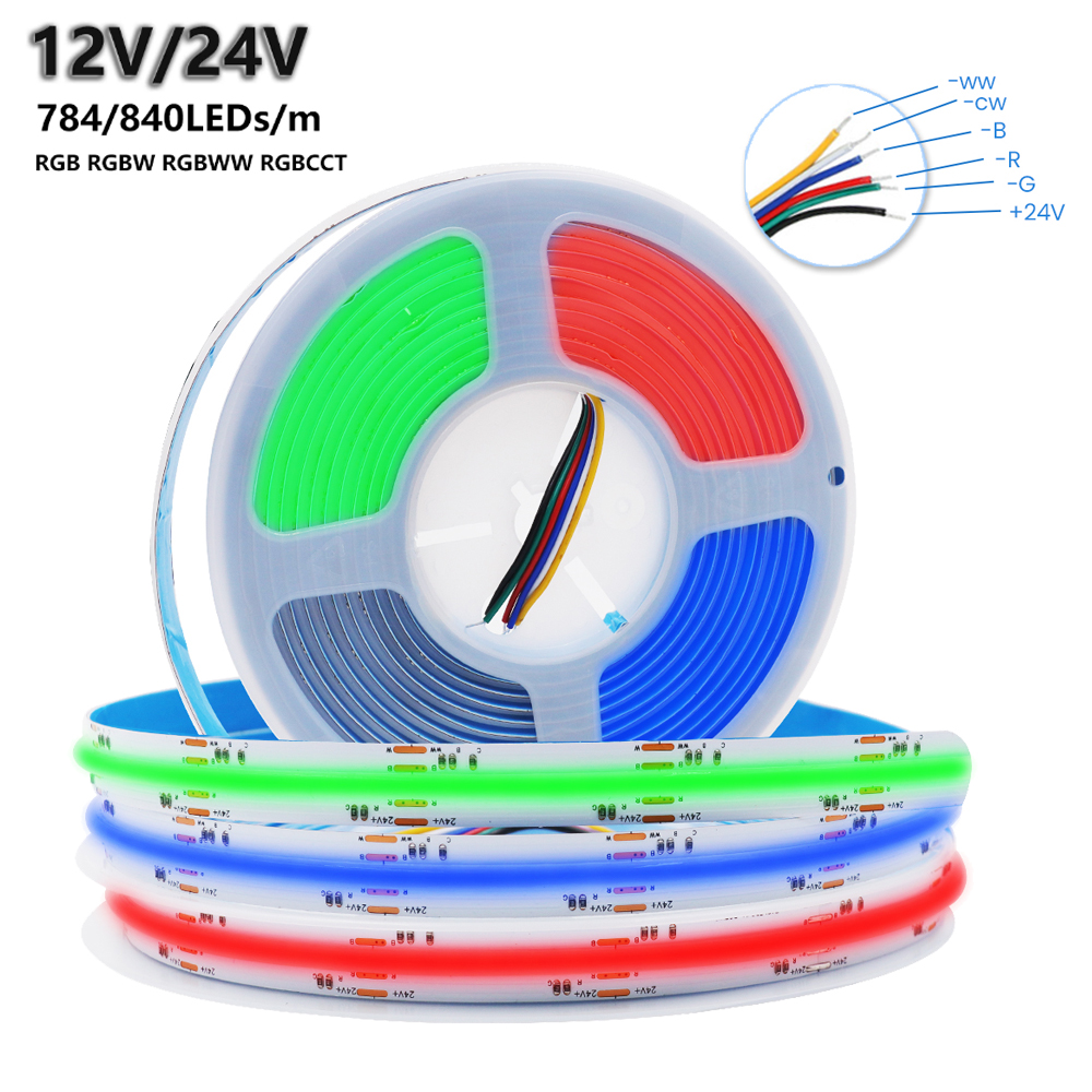 12V 24V RGBWW RGBW RGB CCT COB LED Strip 784 840LEDs/m High Bright Flexible LED Tape Light Bar Linear Dimmable Room Decor