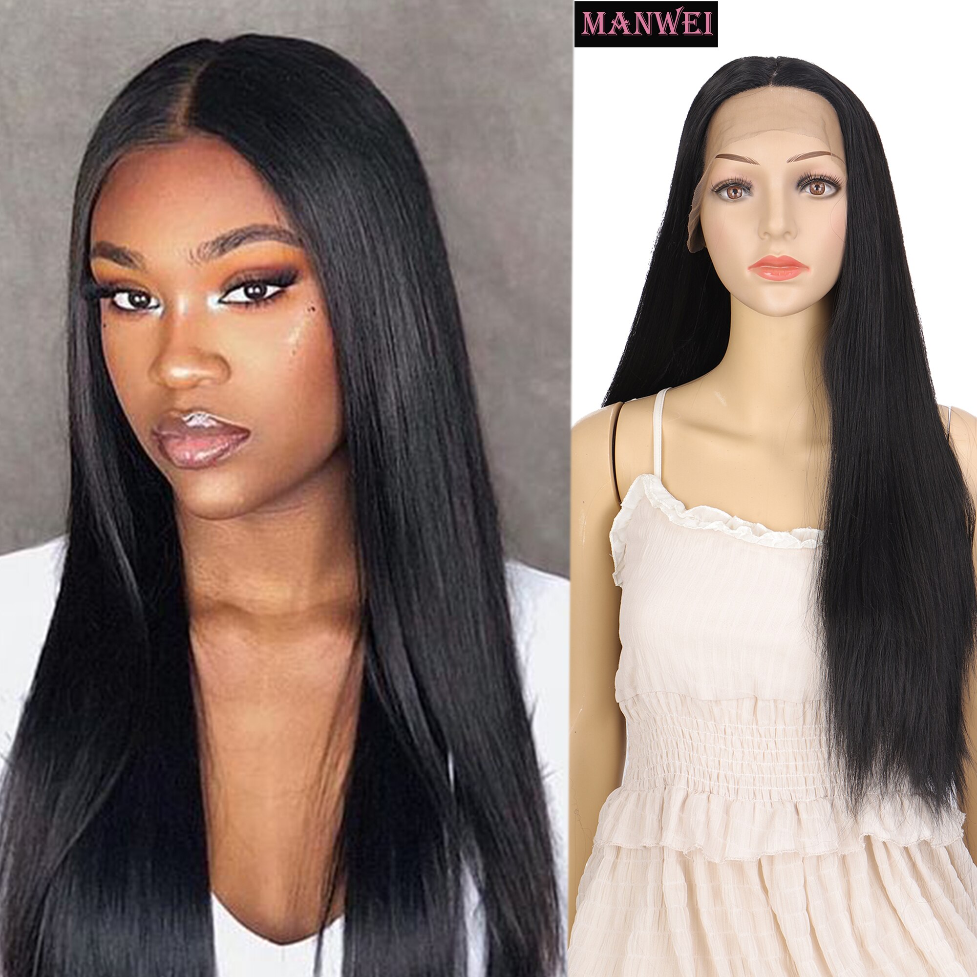 MANWEI Front lace pure black synthetic lace front soft wig female black long straight hair cosplay daily dinner party wedding