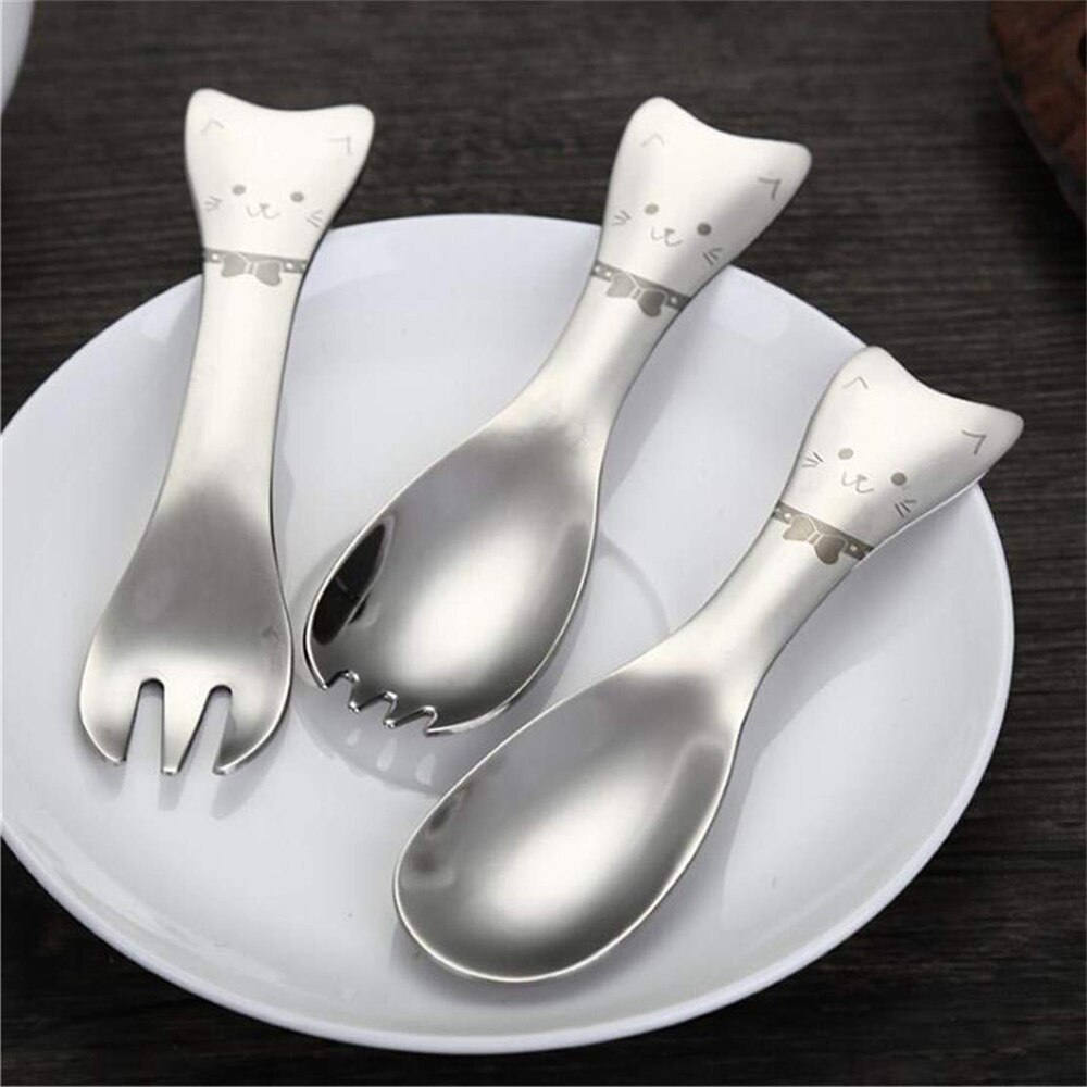 Leuke Mini 304 Roestvrij Staal Cartoon Kat Vorm Ijs Salade Koffie Lepel Vork Kinderen Kids Bestek Set Servies Servies: 4
