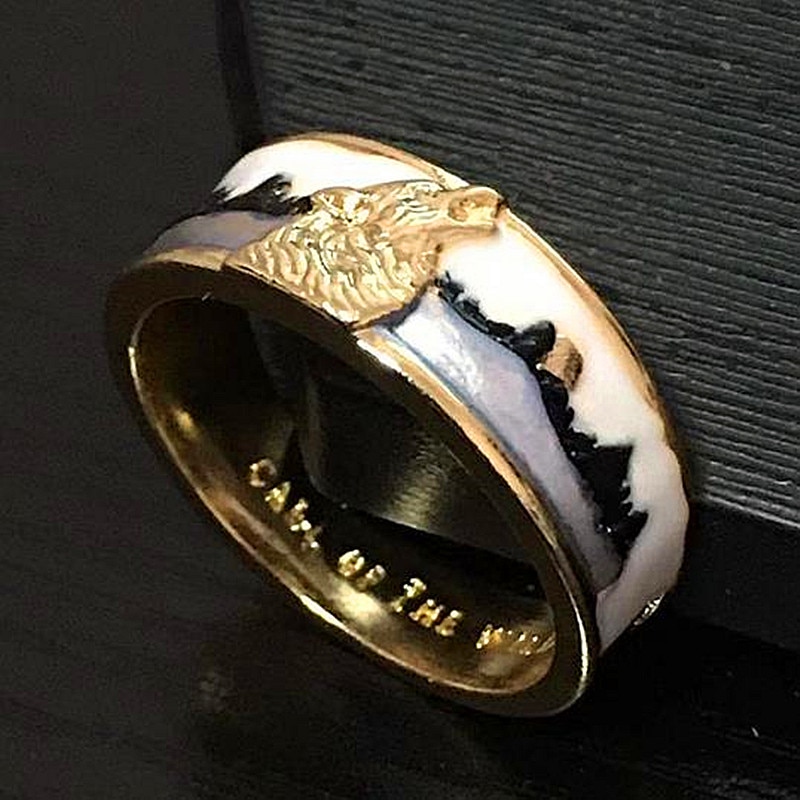 Hnsp Wolf Ring Voor Mannen Roestvrij Staal Gouden Ring Mannelijke Punk Dier Sieraden