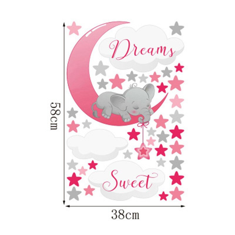 Éléphant lune étoiles doux rêve Stickers muraux pour enfants chambre décor à la maison fille chambre autocollants décoratifs bébé chambre décalcomanie autocollants: Rose