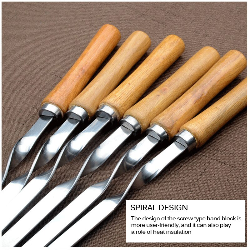 Bbq spett rostfritt stål shish kebab bbq gaffel set långt platt trähandtag grillnål kött grill utomhusredskap 6 st