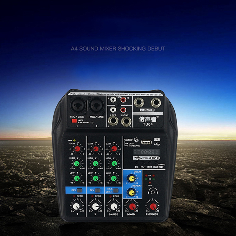 Sound Mixing Console Bluetooth USB Record Computer Playback 48V Phantom Power Delay Repeat Effect 4 Channels USB Audio Mixer