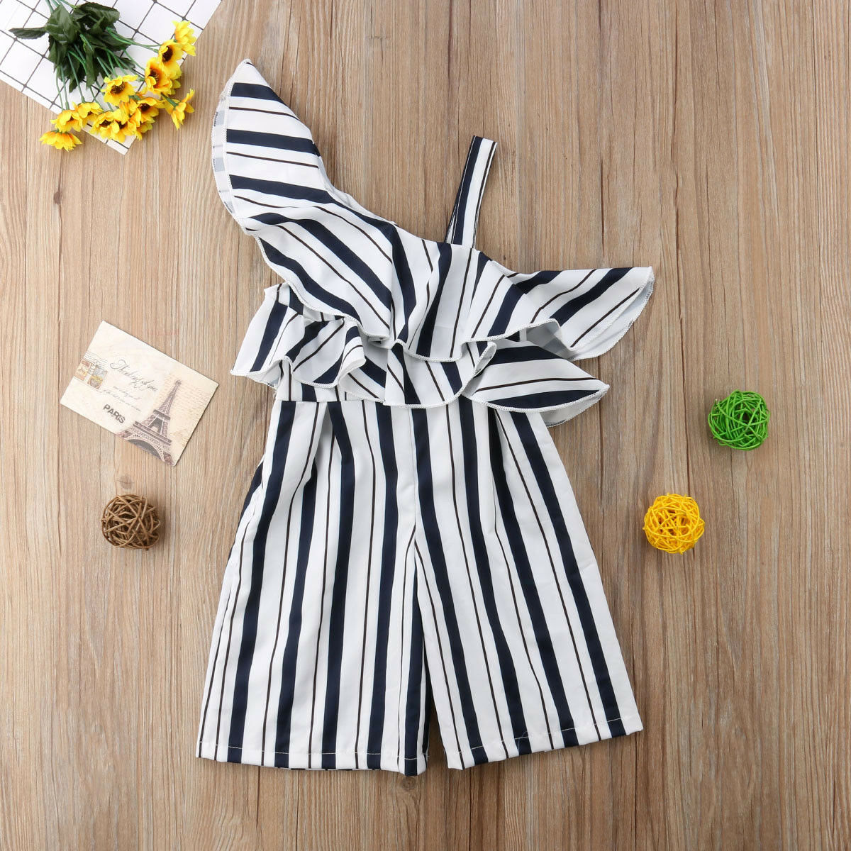 Children Overalls Girl Off Shoulder Ruffled Striped Jumpsuits One Piece Romper Oblique Collar Playsuits for Kids Clothes 3-10Y