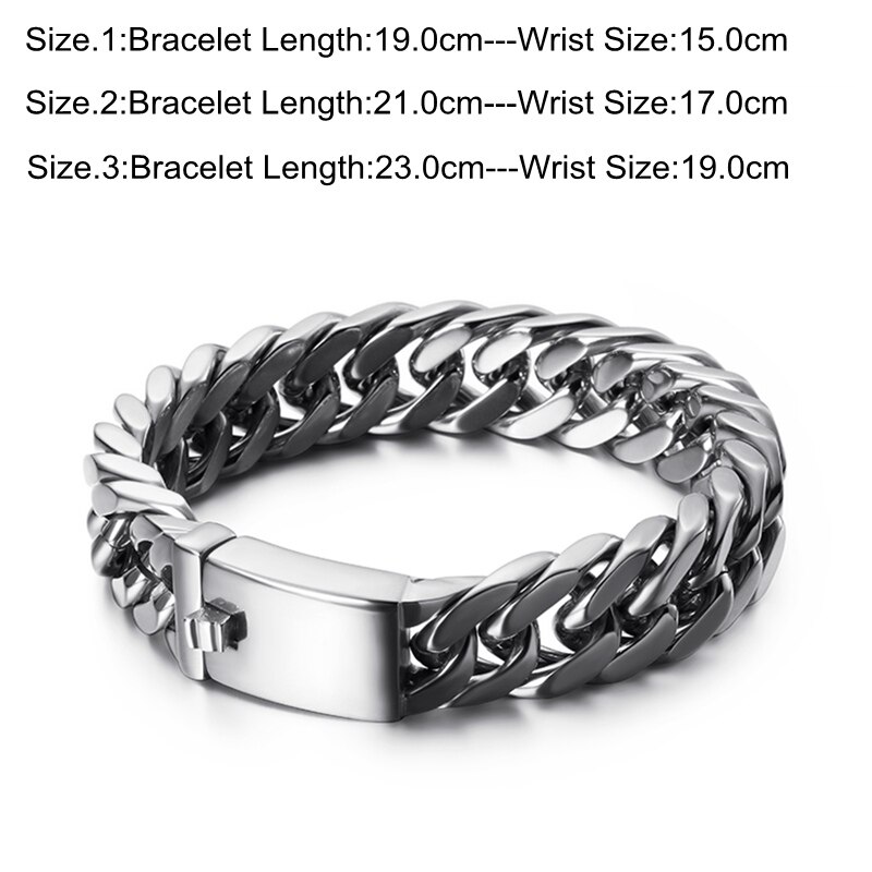 Men's Stainless Steel Biker Bangle Wristband Bracelet - 15mm Wide Chain, 8.1 Inch Length