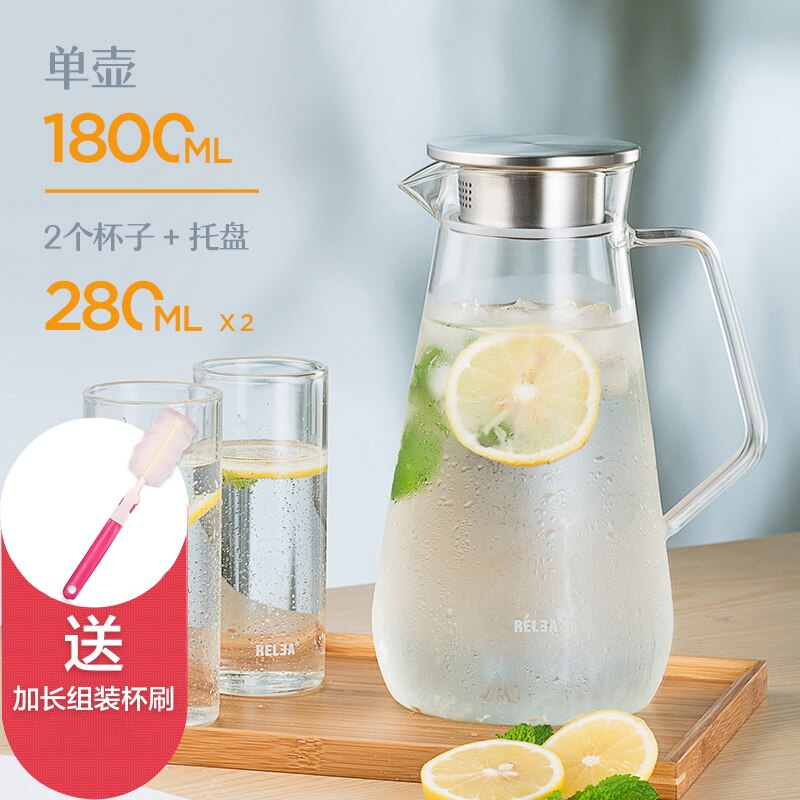 Glas Krug mit Deckel Obst Infusion Eis Tee Krug Heißer Kalten Wasser Borosilikatglas krug Wärme Beständig glas BPA freies: 1.8L Krug 2 Tasse Tablett