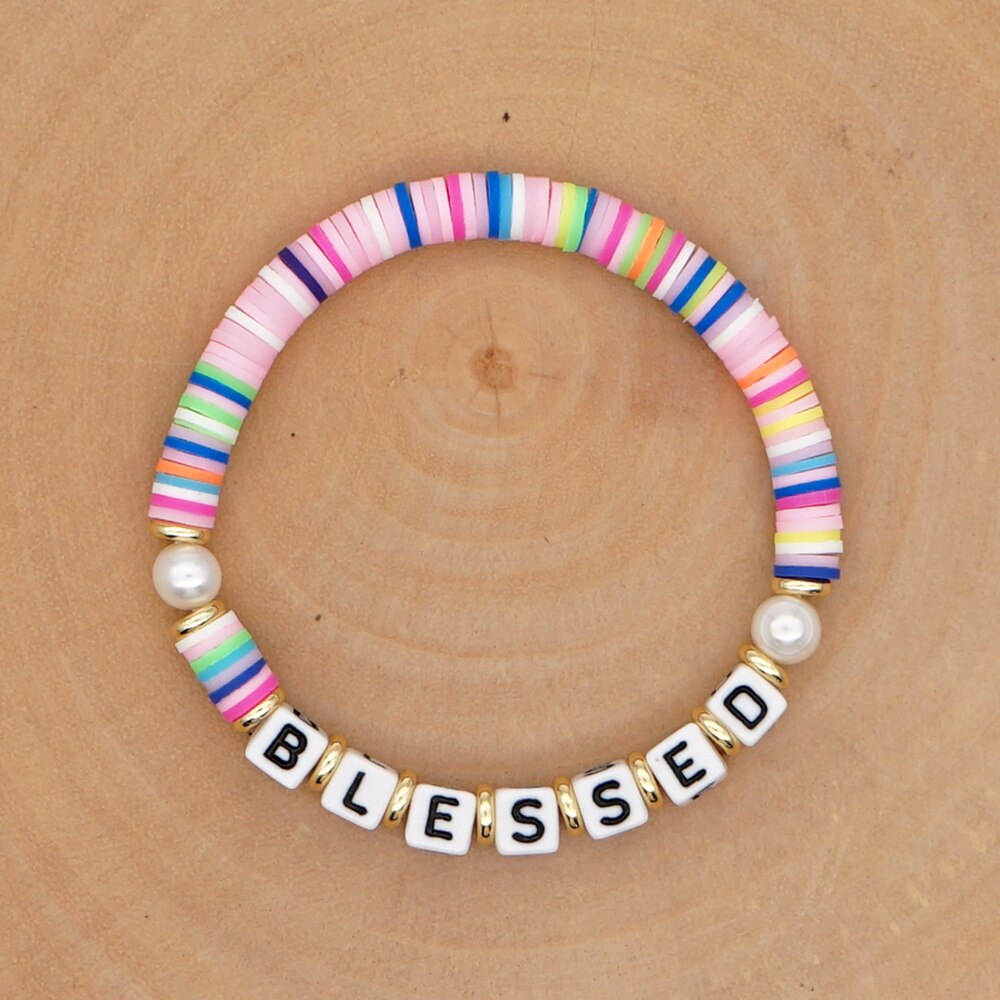 GO2BOHO Rainbow Polymer Clay Bracelets Heishi Disc Beads Bracelet Women Blessed Letter Summer Beach Pearl Pulsera Jewelry: QT-B200146C