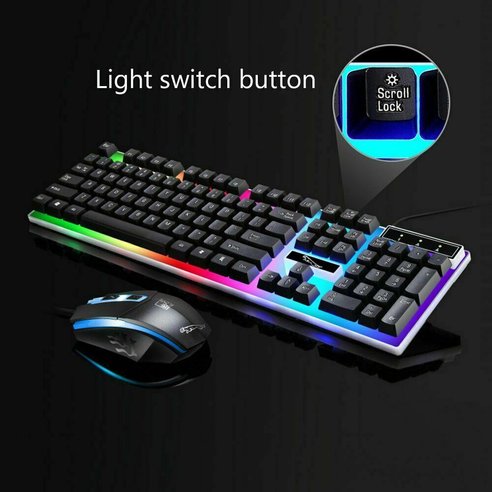 Kleurrijke led verlichte usb bekabelde pc regenboog gaming toetsenbord muis set gamer gaming muis en toetsenbord kit thuiskantoor
