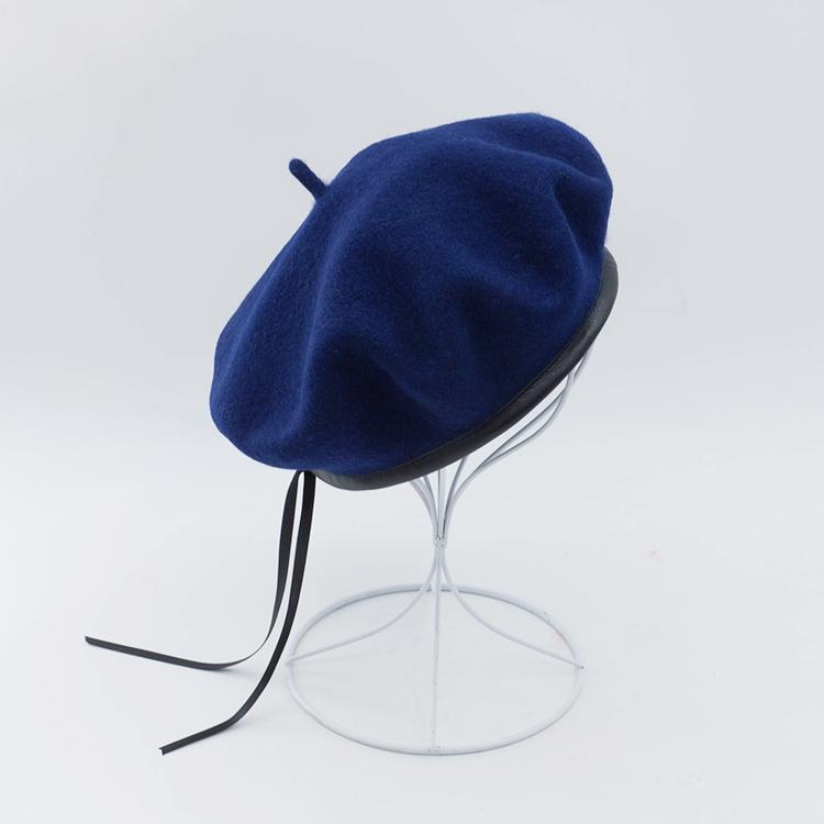 Cokk uld baret efterår vinter hatte til kvinder ensfarvet flad maler cap uld baret med pu læder boina feminina beanie hat: Marine blå