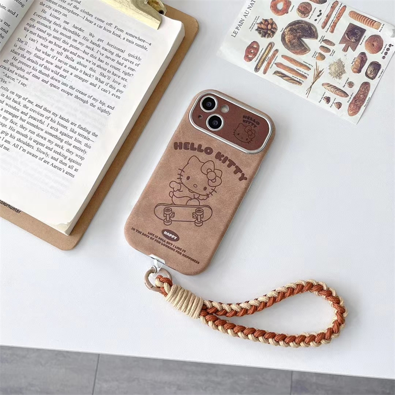 Coque de téléphone en daim avec poignet, coque de dessin animé mignon, coque marron, Hello Kitty, Jokawaii, iPhone 15, 14 Plus, 13, 12, 11 Pro Max, luxe: silicium