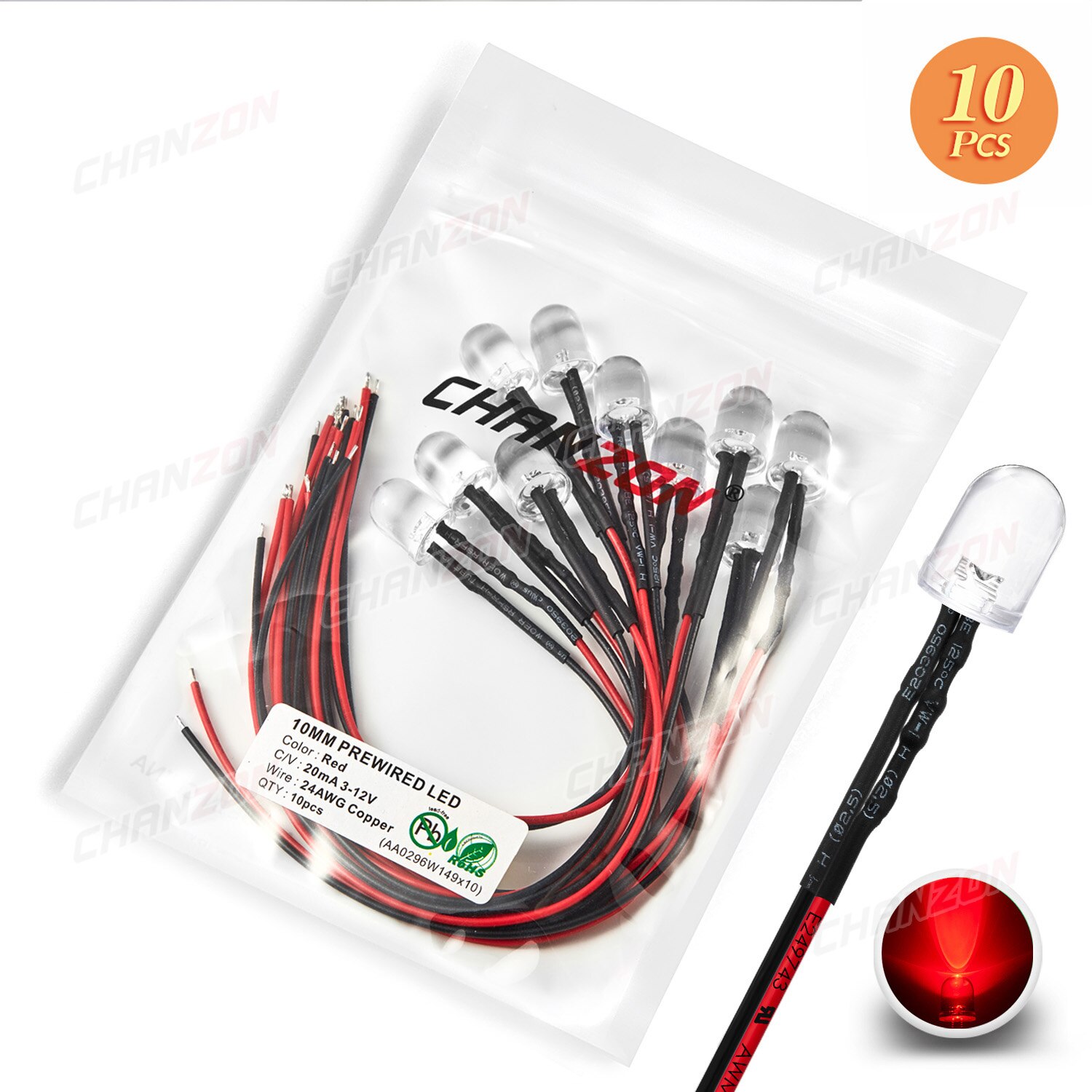 10pcs Bright 10mm Prewired LED 5V 6V 9V 12V Light Beads White Red Green Blue Yellow Emitting Diode Pre Wired Cable DIY Lamp Bulb: Red
