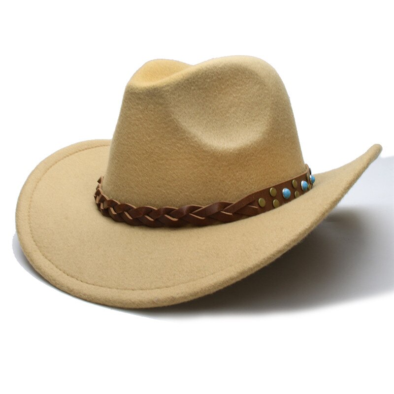 Luckylianji uldfilt vestlig cowboy hat til barn barn bred skygge cowgirl kallaite fletning læderbånd (størrelse :54cm, juster reb): Kamel