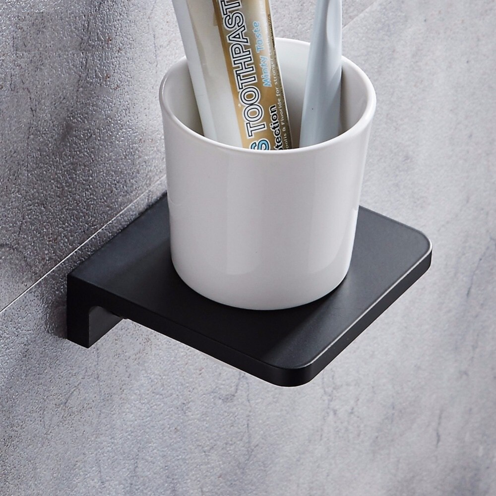Matt Black Toothbrush Holder Wall Mounted Toothbrush Cup Holder wthite Solid space aluminum Shelves With Single Ceramics Cup Set