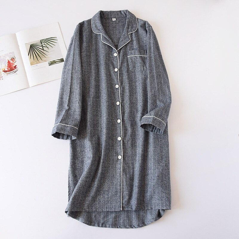 Vrouwen Lange Mouwen Katoenen Nachtjapon Dunne Loszittende Mid-Lengte Rok Gestreepte Nachthemden Revers Sleepshirts Losse sleep Tops: Gray / M