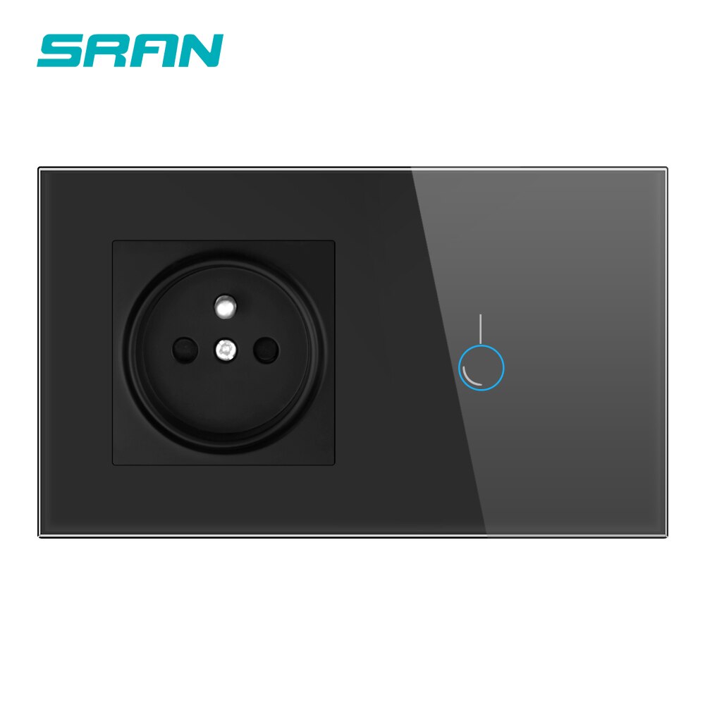 Sran Franse Touch Sensor Schakelaar Met Socket Crystal Glass Panel 170 ~ 250V 16A 146*86 Stopcontact met Lichtschakelaar 2 Gang 1 Manier: Black 1gang 1way FR