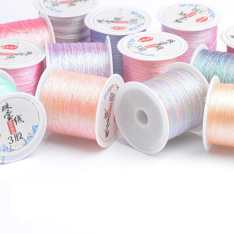 Cuerda trenzada de 3 hebras para pulsera, hilo colorido de oro y plata de 100M, bordado de cuentas de ganchillo, hilo hecho a mano