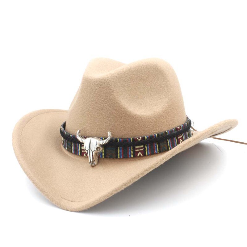 Vrouwen Wol Hollow Western Cowboy Hoed Roll-Up Wide Brim Lady Cowgirl Jazz Paardensport Sombrero Cap Met Kwastje Tauren lint: Khaki