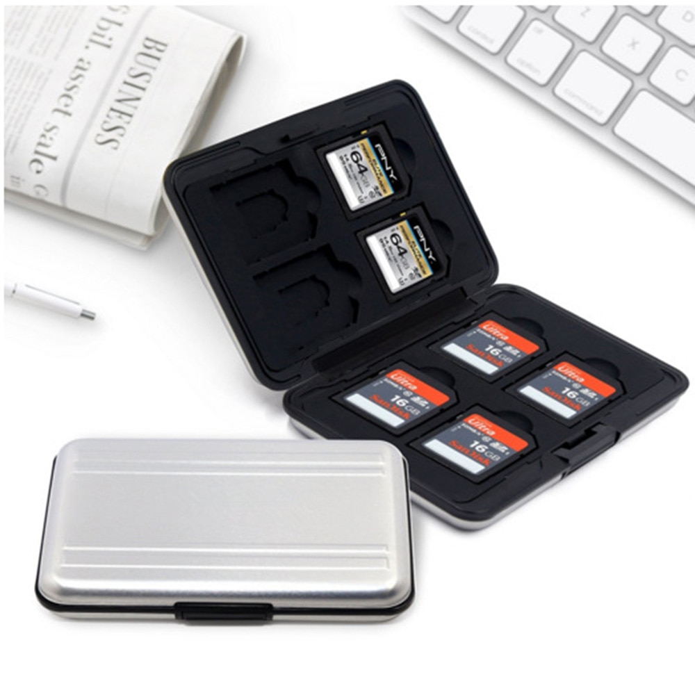 Portable memory card case anti-lost 16 slots (8 + 8) for Micro SD SD / SDHC / SDXC card memory silver aluminum card package