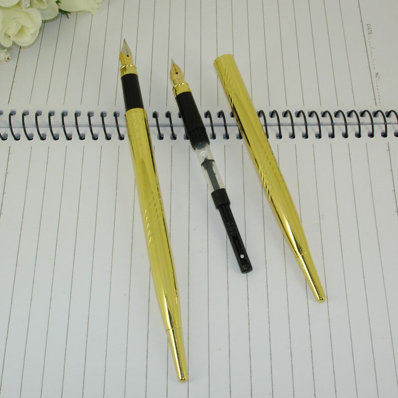 ACMECN Pen with Base Classic Fountain Pen with Stand Metal Engraving Drafting Liquid ink Pen Gold Finance Bank Table Pen Sets