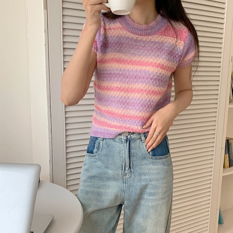 Sommar smala flickor mjuka stickade t-shirts crop tops kvinna gradient randig kortärmad t-shirt