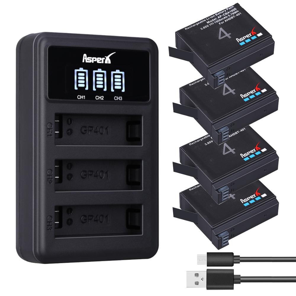 Batería de AHDBT-401 de 1500mAh para Gopro Hero 4, batería AHDBT401 AHDBT 401 + LED de 3 puertos, Cargador USB para cámara GoPro Hero4 HERO4, 4 Uds.: 4B with Charger
