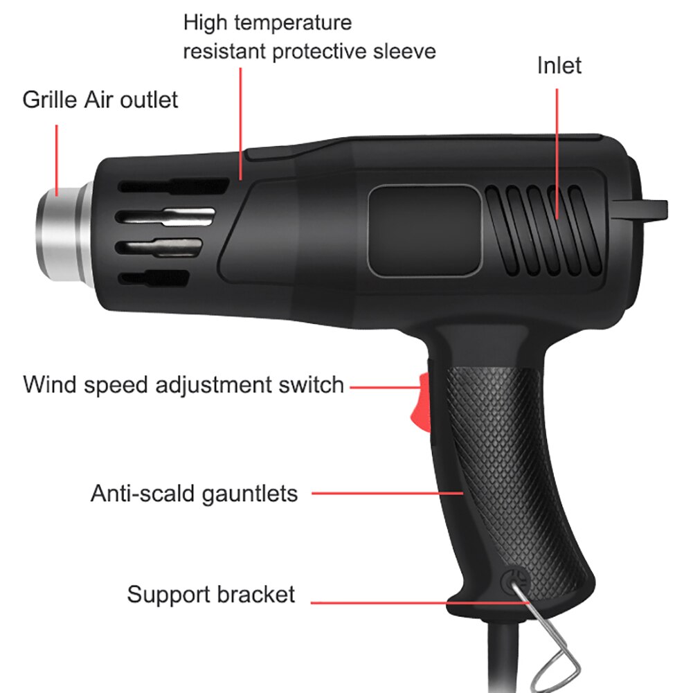 2000w tunga industriella digitala luft 60-600 ℃ arbetstemperatur justerbart munstycke autofilm baka torrt ta bort färg tina mat