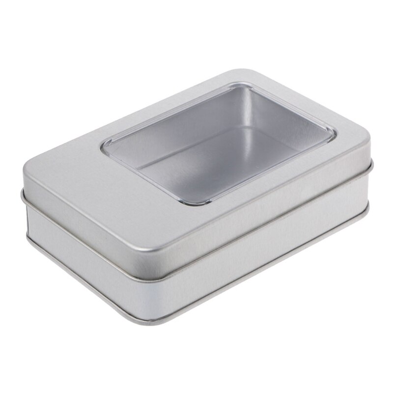 Rectangular Tin Silver Storage Box Case Organizer with Half Clear Window Lid: 4