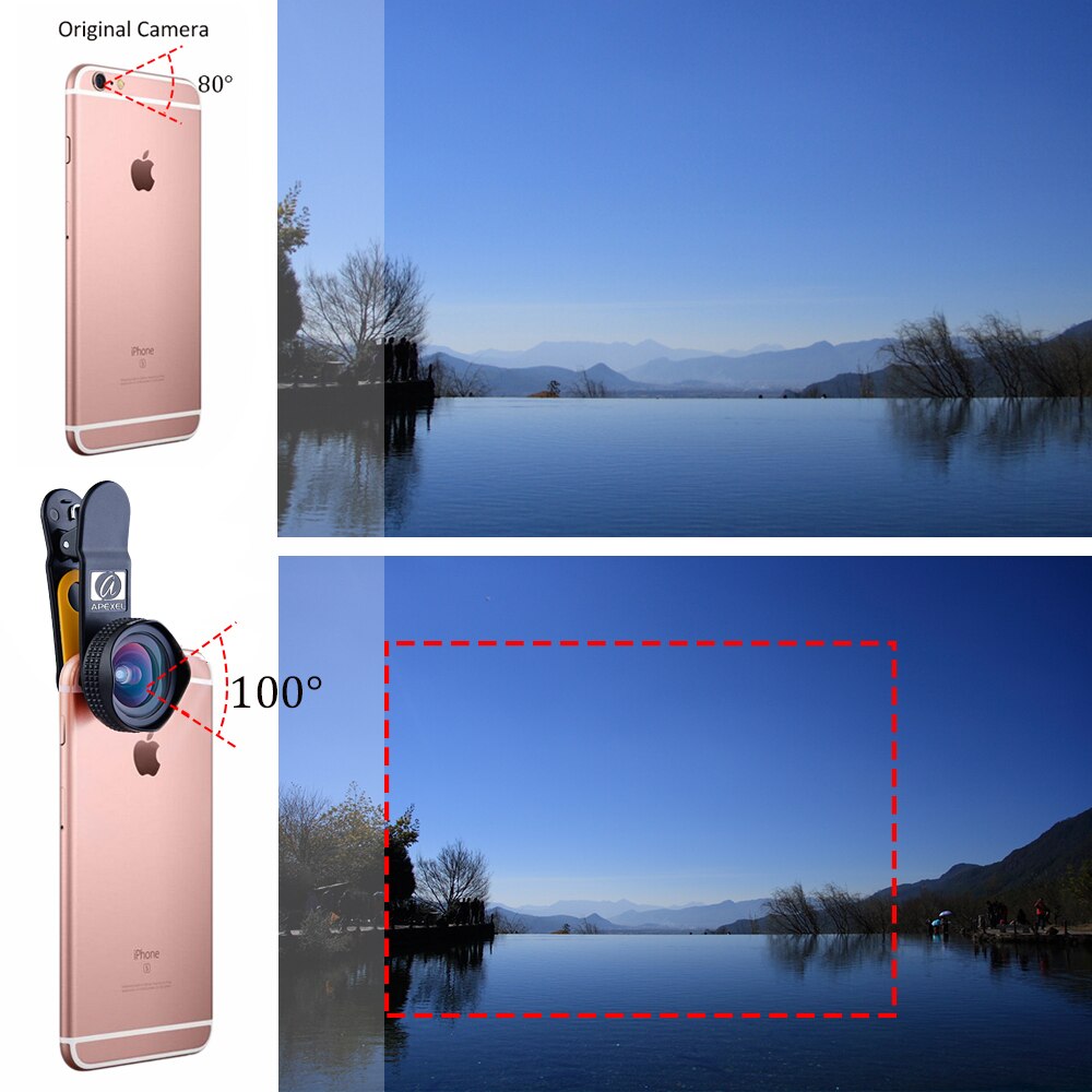 Apexel Optic Pro Lens-Kit de lente de cámara para teléfono móvil, lente de gran angular de 100 grados, alta claridad, para iPhone X, 8, más, smartphones, 18MM