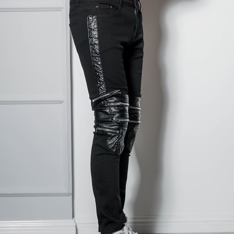 Europese En Amerikaanse Nachtclubs Hip Hop Westkust High Street Style Hip-Hop Slim Fit Rits Pu Stiksels Zwarte Jeans Mannen 'S Bri