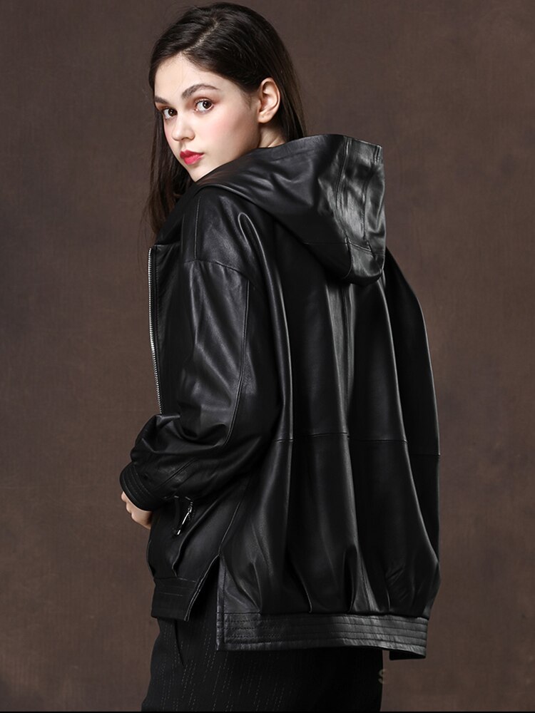 Nerazzurri Zwart Oversized Lederen Jas Vrouwen Met Capuchon Lange Mouw Schouder Rits Plus Size Lente Faux Lederen Jas