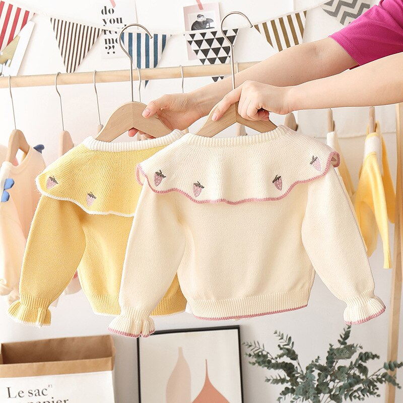 Herfst Winter Baby Meisjes Lange Mouw Aardbei Revers Kraag Truien Trui Kinderen Kids Gebreide Vesten Bovenkleding