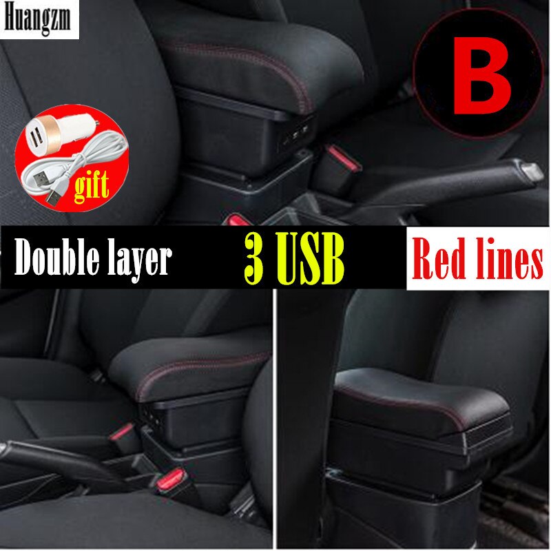 Universal Car Armrest central Universal model armrest box car accessories storage box modification Retrofit parts with USB LED: B2 style red line