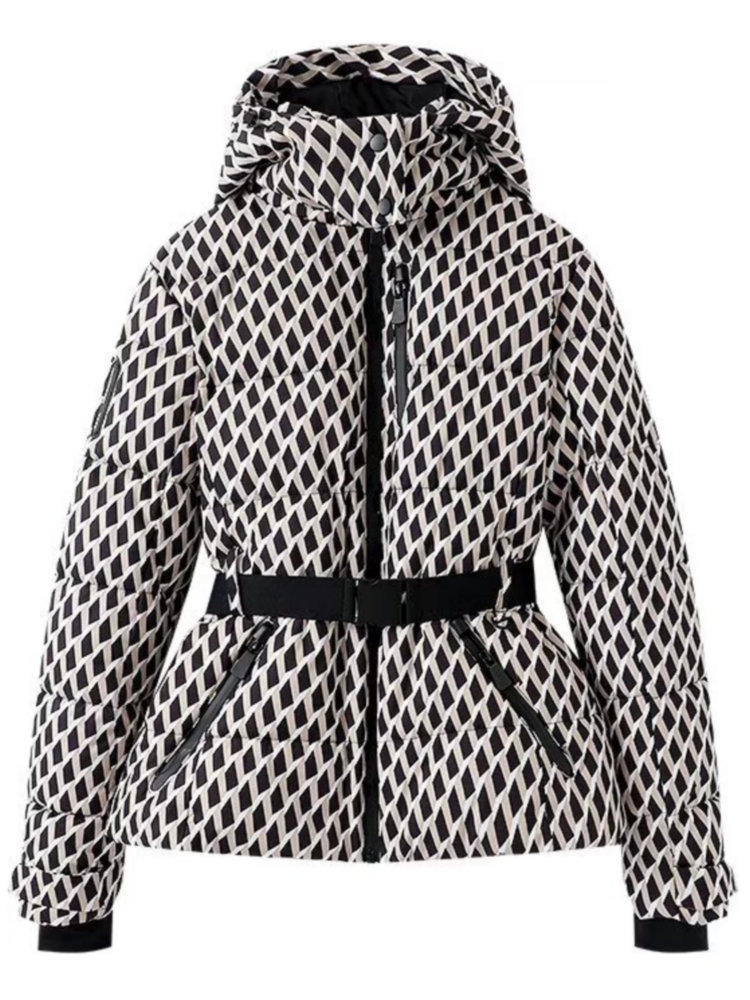 Dam vinterhuvade vadderade kappor med hög midja och bälte för dam, tjockare varma fickor, vindtäta skidjackor: L / Beige