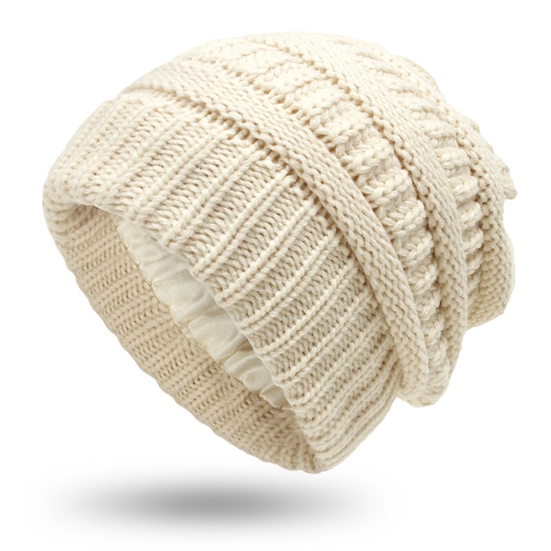 Winter Stricken Woolen Beanie Hüte für Frauen Silk Satin Gefüttert Chunky Kappe Weiche Stretch Kabel Stricken Warme Alle-spiel slouchy Sport Hut: A-beige