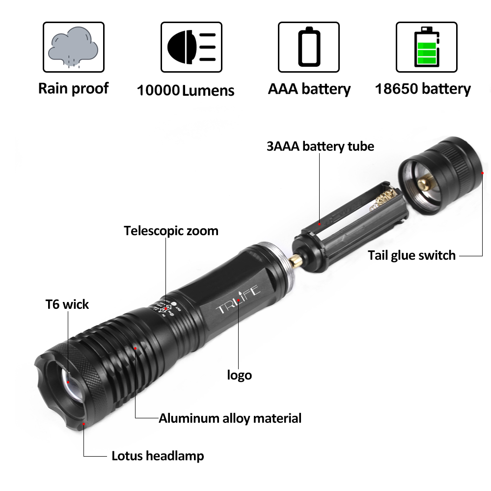 Lampe de poche Rechargeable, 18650 batterie, XML T6/L2/V6, lampe de poche Rechargeable, Modes, Camping puissant, étanche en plein air