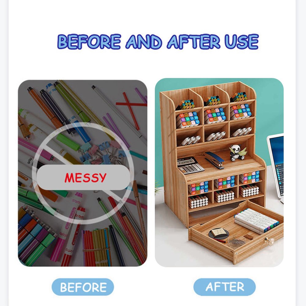 Desk Organizer Multi-Functional Wooden DIY Pen Holder Ox Desktop Stationary Home Holder Office Desktop Storage Shelf